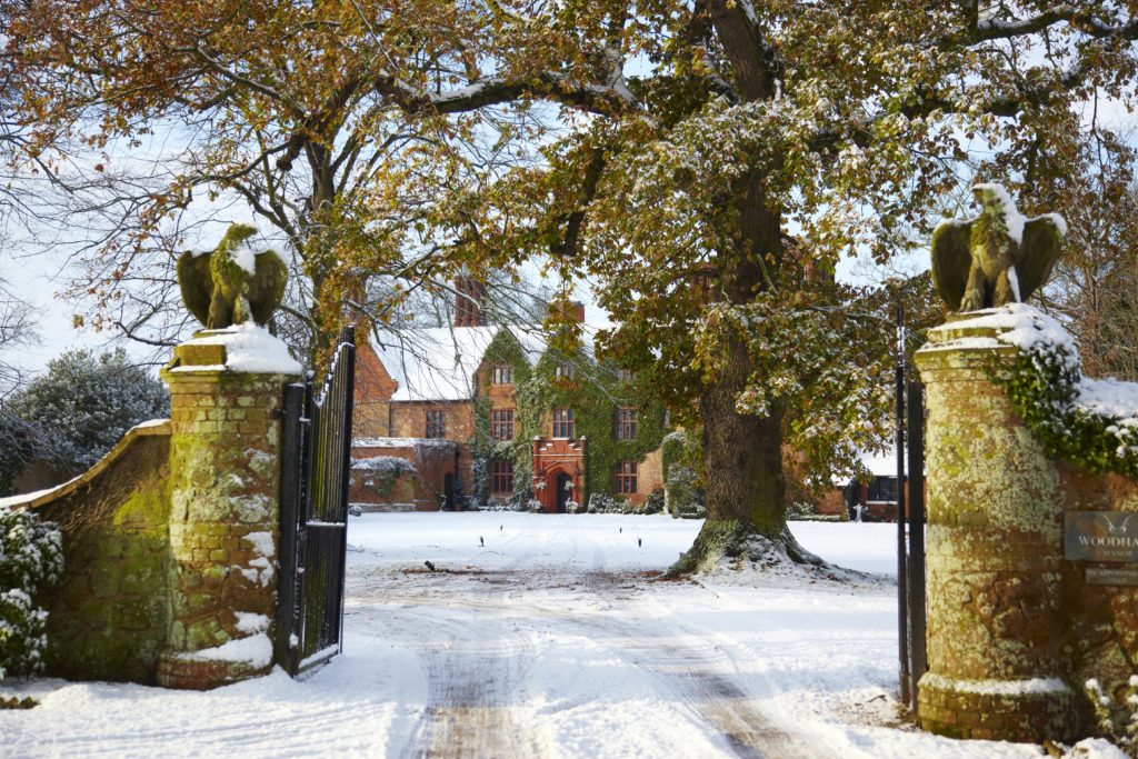 snow at the gateway of Woodhall Manor
