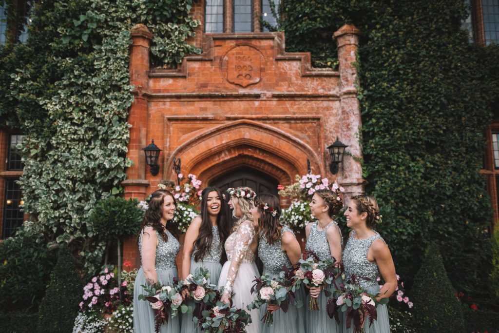 bridal party outside woodhall manor